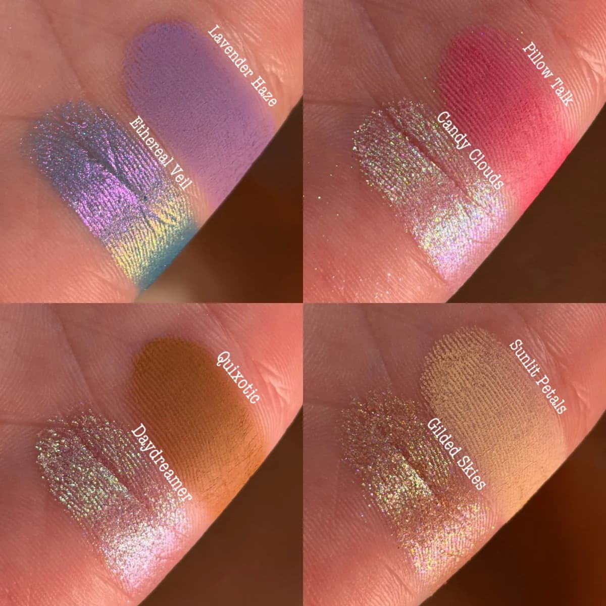 Four fingertip swatches showcasing Lavender Haze with Ethereal Veil, Pillow Talk with Candy Clouds, Quixotic