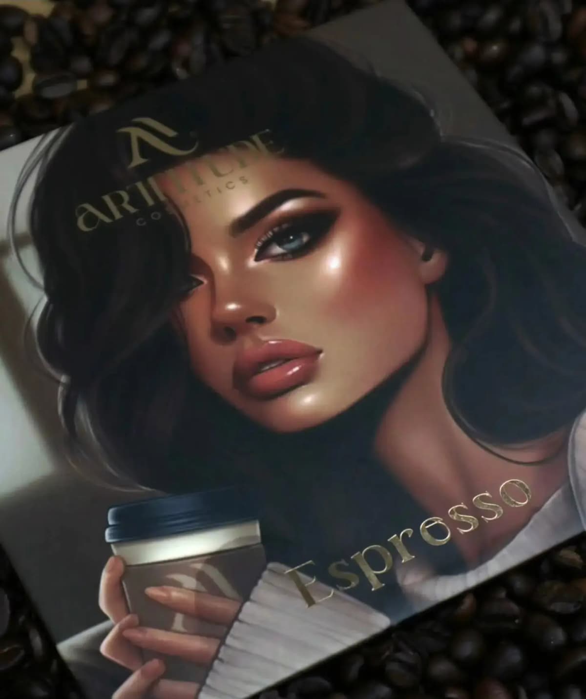Close-up of the Espresso palette cover art: glam illustrated brunette with smoky eyes and a coffee cup, on coffee beans