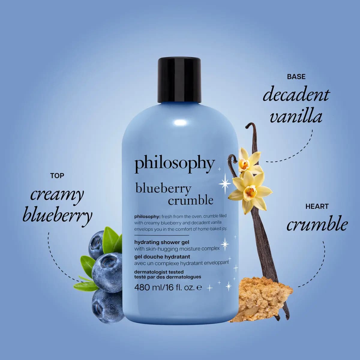 Periwinkle philosophy blueberry crumble 16 oz shower gel beside blueberries, vanilla pods with flowers and crumble