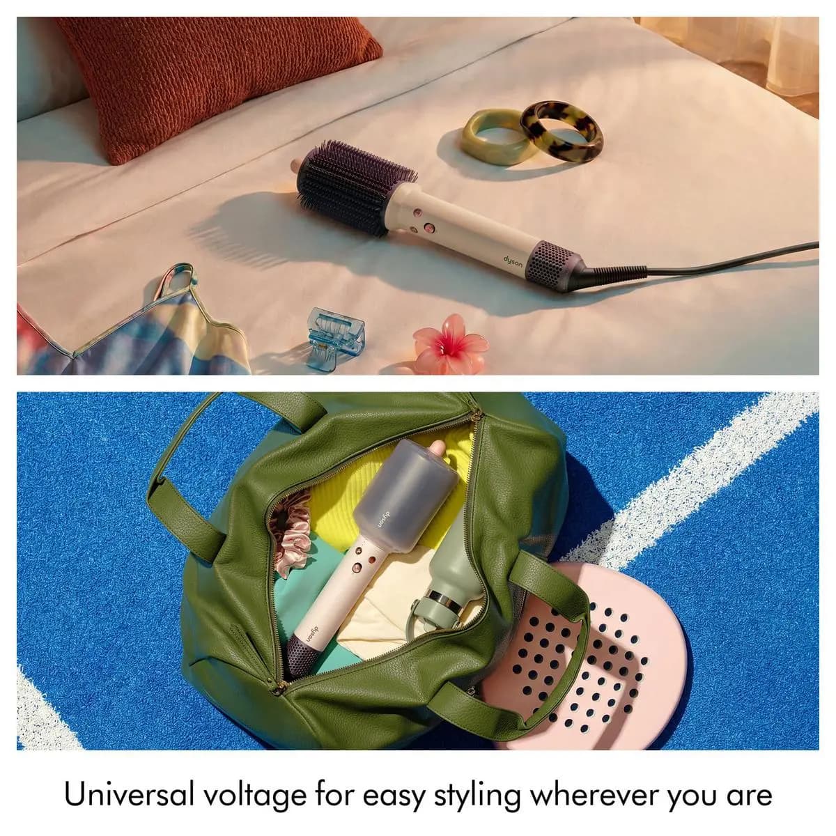 Brush lying on a bed with bangles and hair clips above, plus a covered brush packed in a green bag on a blue court
