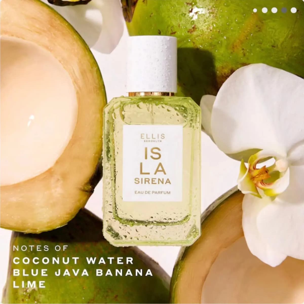 Pale green ISLA SIRENA bottle among halved green coconuts and white orchids, listing coconut water, blue java banana, lime