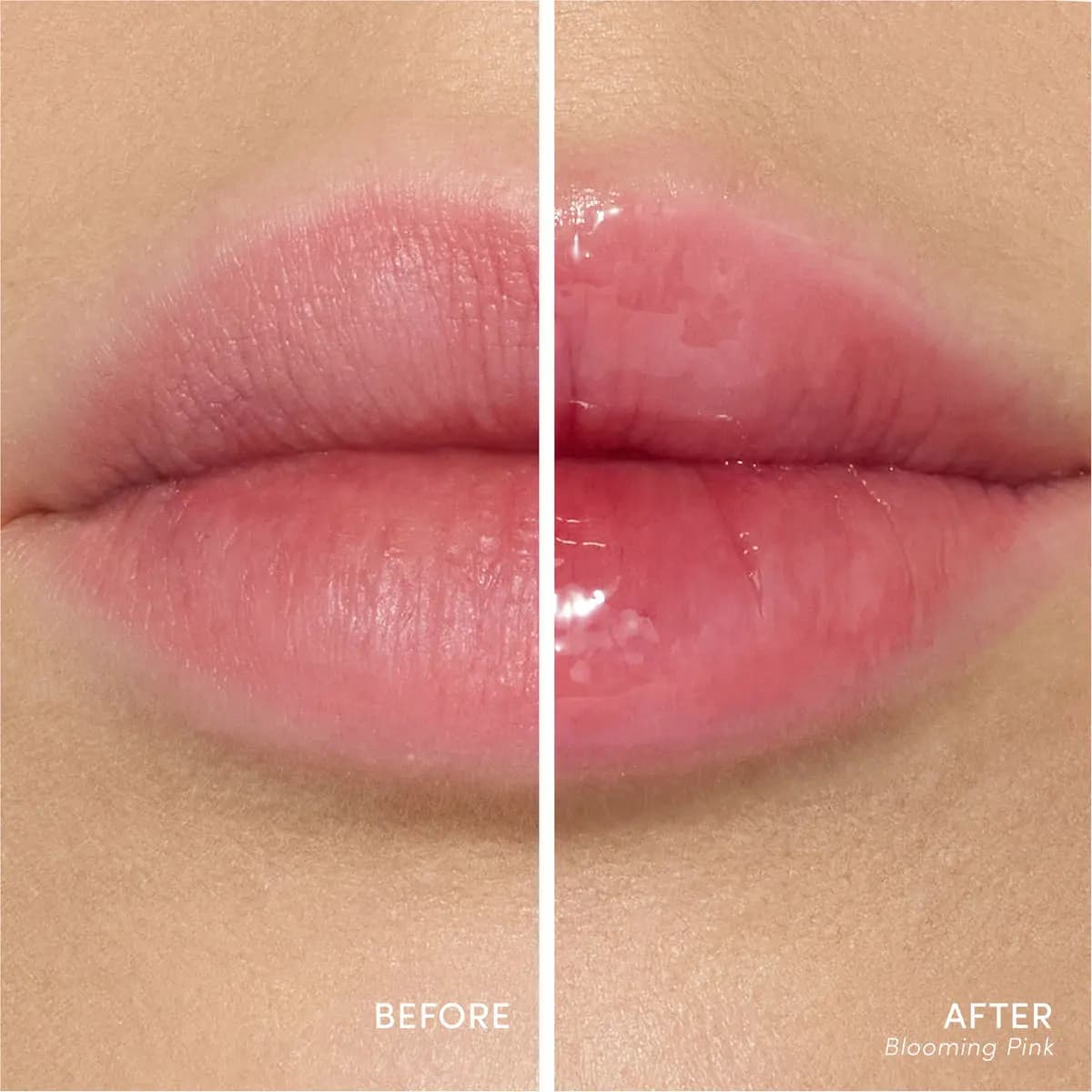 Split close-up of fair lips before and after Blooming Pink, showing a high-shine, sheer pink tint.