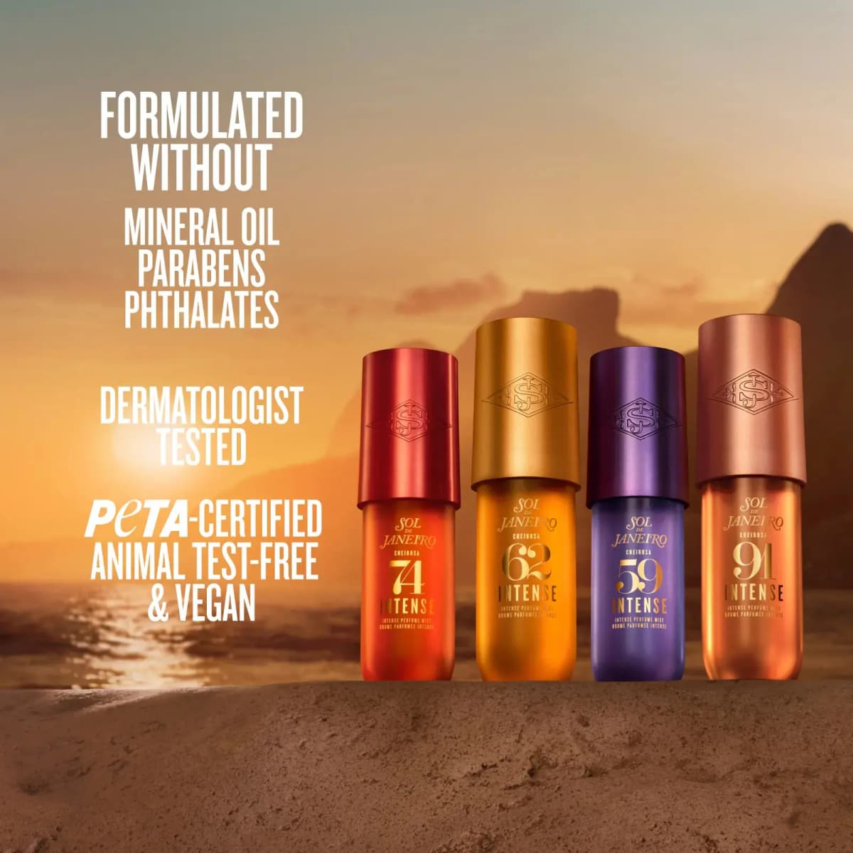 Cheirosa 74, 62, 59 and 91 Intense bottles on sand at sunset beside vegan, paraben-free and dermatologist-tested claims