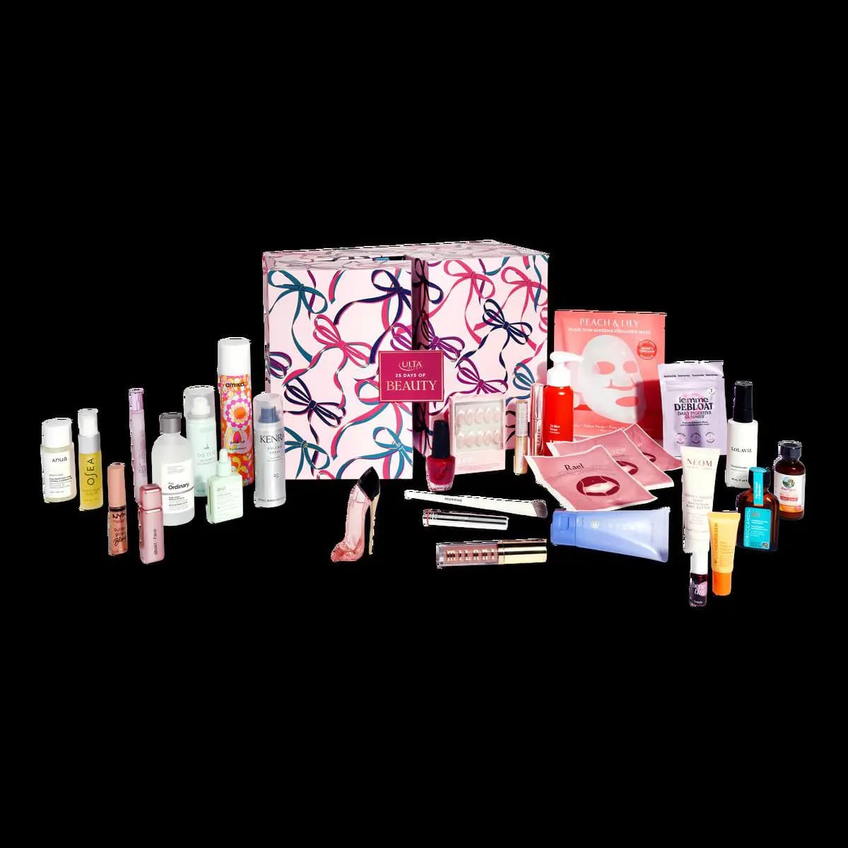 Closed pink bow-print Ulta 25 Days of Beauty box surrounded by Anua, OSEA, Kenra, Tatcha, Peach & Lily and more