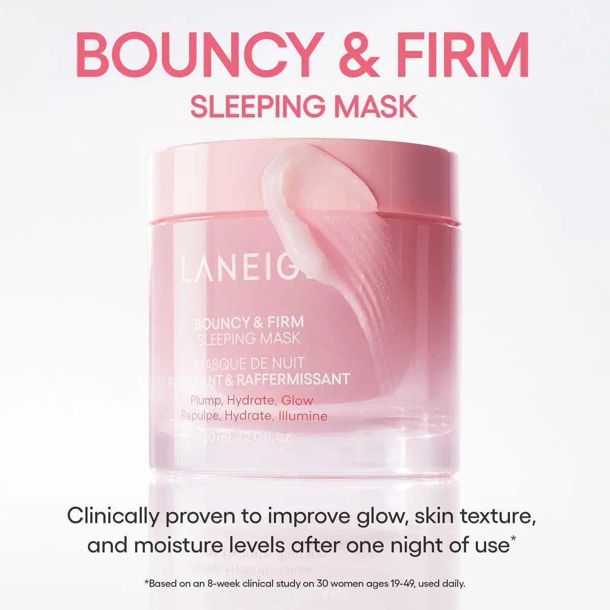 Pink LANEIGE Bouncy & Firm Sleeping Mask jar with a creamy pink swatch on the lid