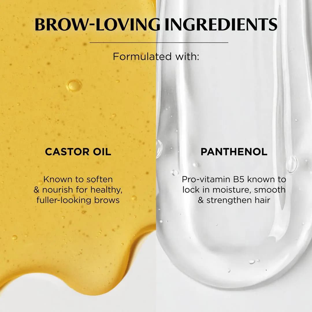Golden castor oil and clear panthenol gel textures side by side under the heading Brow-Loving Ingredients.