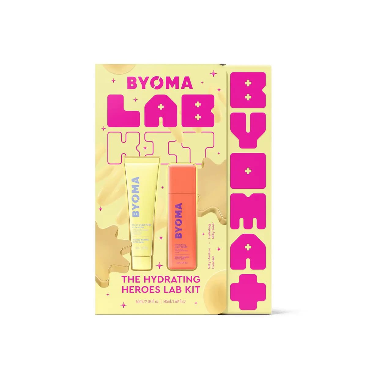 Yellow box for The Hydrating Heroes Lab Kit with yellow cleanser tube and coral toner bottle
