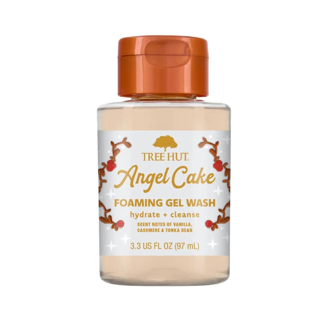 Mini 3.3 fl oz Foaming Gel Wash bottle with a peach-tinted gel, orange flip cap and embroidered berry vines