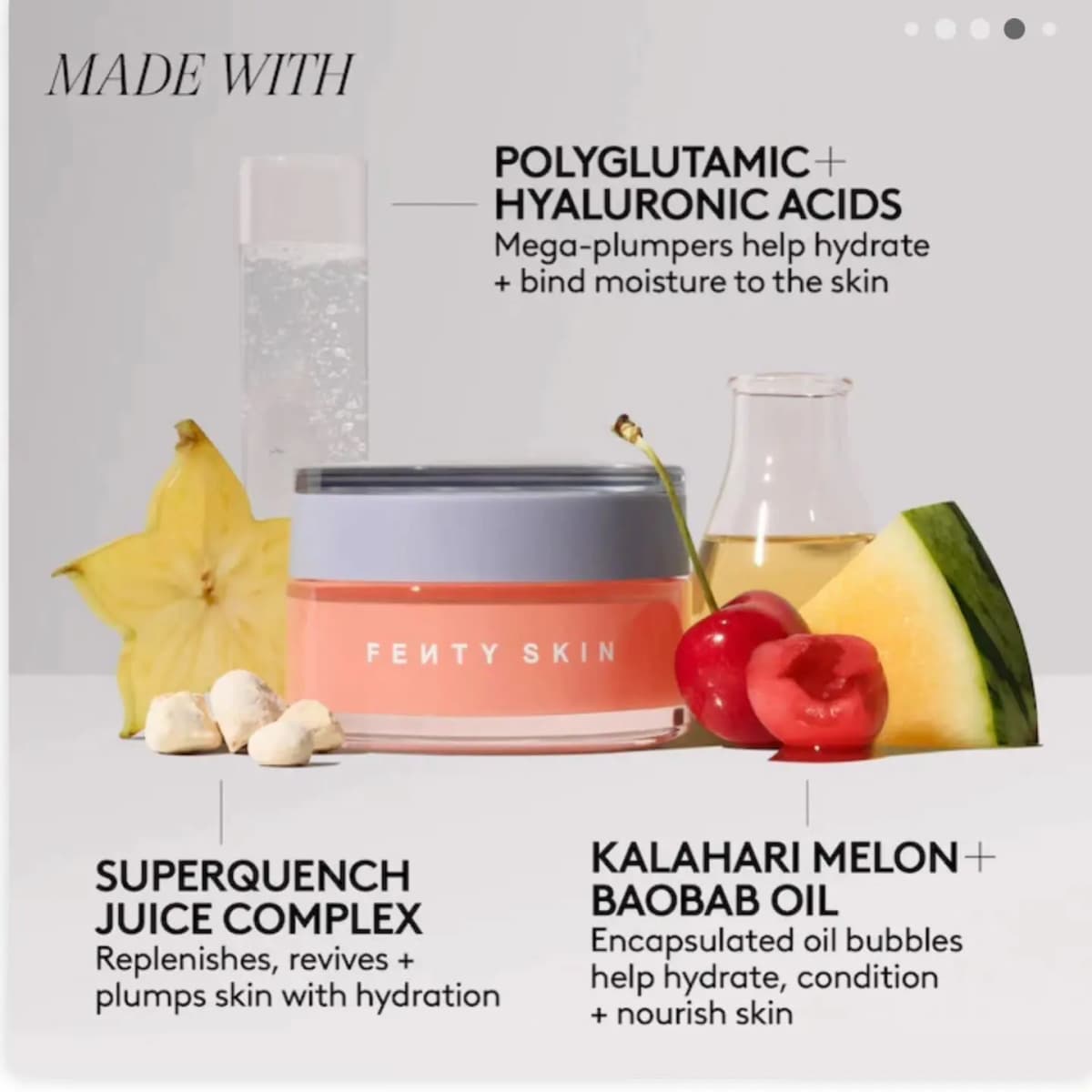 Fenty Skin Dew N Plump Slushie Mask jar with polyglutamic acid, hyaluronic acid, Superquench Juice Complex and Kalahari melon