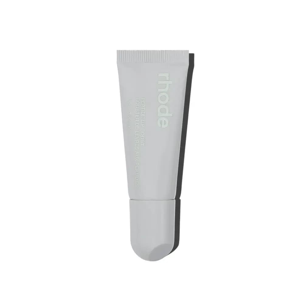 Standalone grey Peptide Lip Boost squeeze tube with slanted applicator tip and pale mint rhode lettering