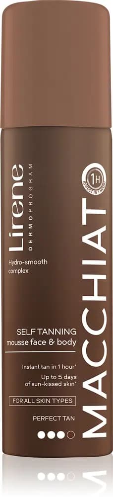 Lirene Macchiato self-tanning mousse for face and body in a tall brown can, effect in 1 hour