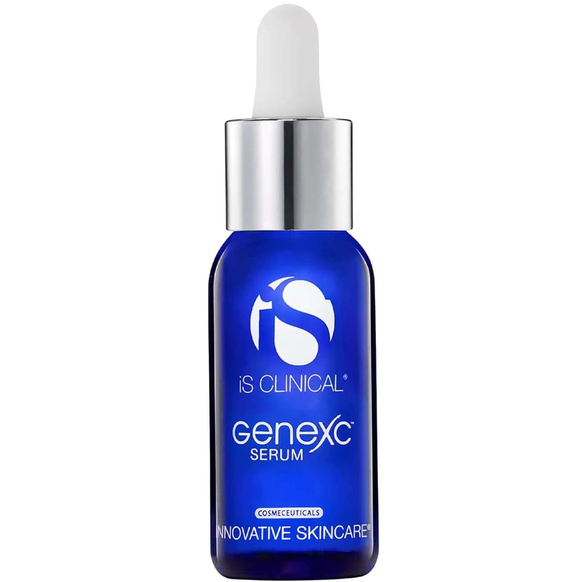 IS Clinical GeneXC Serum in a cobalt blue dropper bottle with silver collar and white bulb