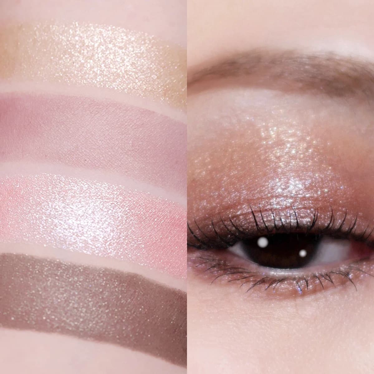 Arm swatches of gold, pink, pink shimmer and brown shades beside an eye wearing glittery rosy-brown shadow
