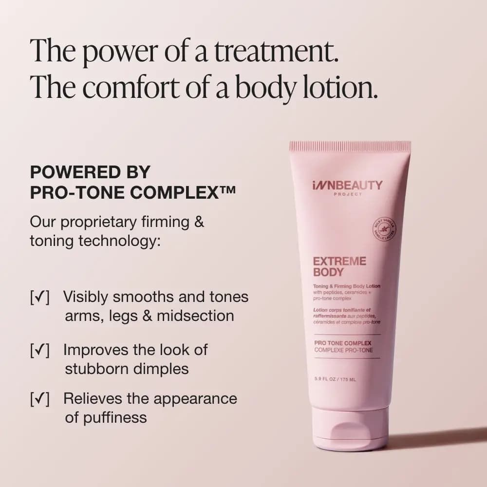 Pink Extreme Body tube beside text listing Pro-Tone Complex benefits for arms, legs, dimples and puffiness
