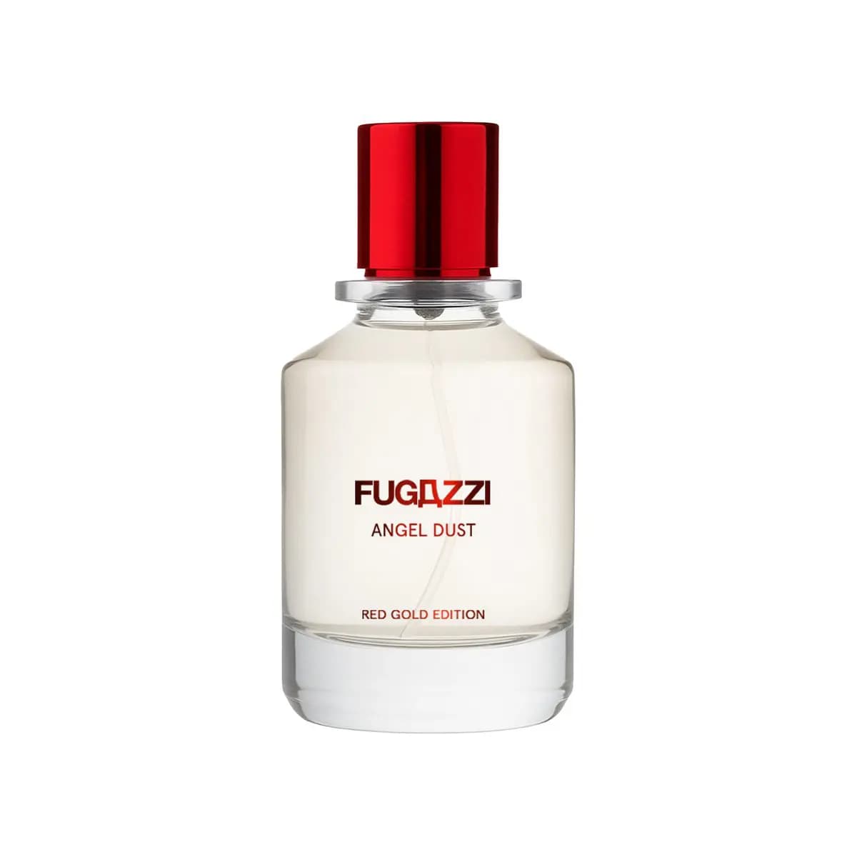 FUGAZZI Angel Dust Red Gold Edition Extrait de Parfum bottle with glossy red cap and red lettering on a white background
