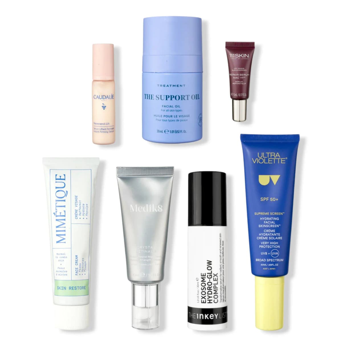 Seven skincare products laid flat: Caudalie serum, Support Oil, 111Skin, Mimétique cream, Medik8, Inkey List, Ultra Violette