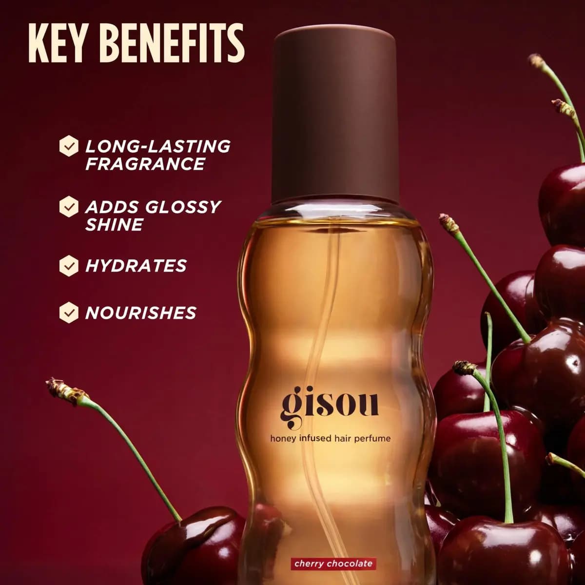 Gisou Honey Infused Hair Perfume in Cherry Chocolate with a list of key benefits: long-lasting fragrance, glossy shine, hydration and nourishment