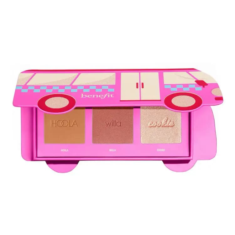 Pink bus-shaped Benefit palette with Hoola bronzer, Willa blush and Cookie highlighter pans