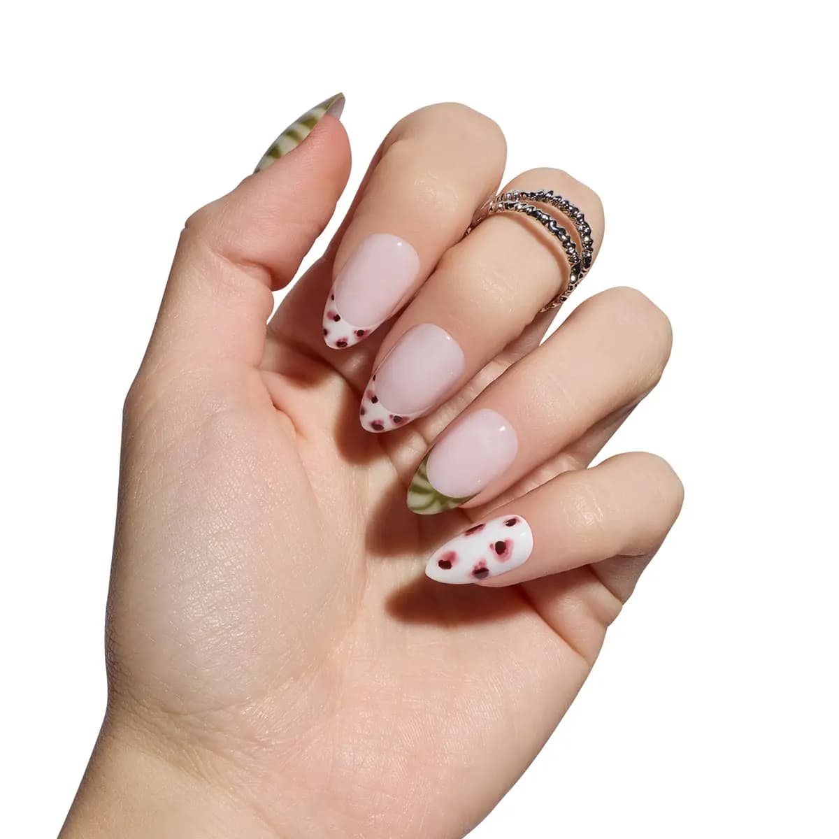 Hand wearing Olive Safari short almond nails with olive tortoise and spotted white French tips, plus a white spotted nail.