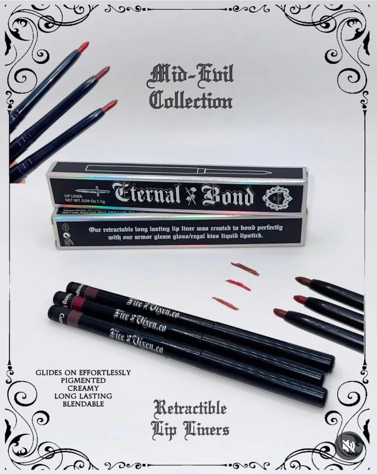 Fire Vixen Eternal Bond lip liner boxes with holographic edges, three black retractable pencils and brown and red swatches