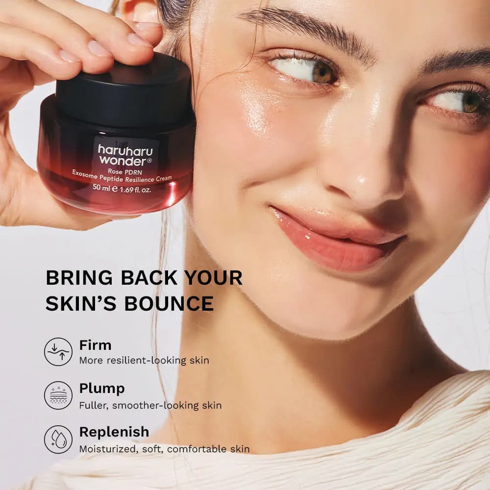 Model with glowing skin holding the red jar to the cheek beside firm, plump and replenish icons