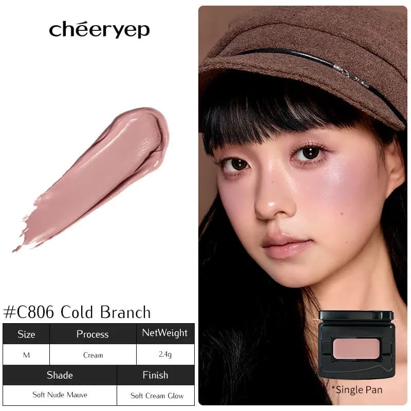 C806 Cold Branch soft nude mauve swatch and a model in a brown cap wearing shimmery mauve blush
