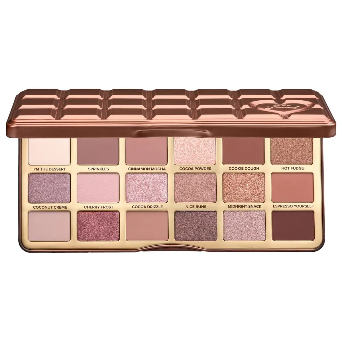 Front view of the open palette with rosy nude, mauve and brown shadows and shade names on a gold tray