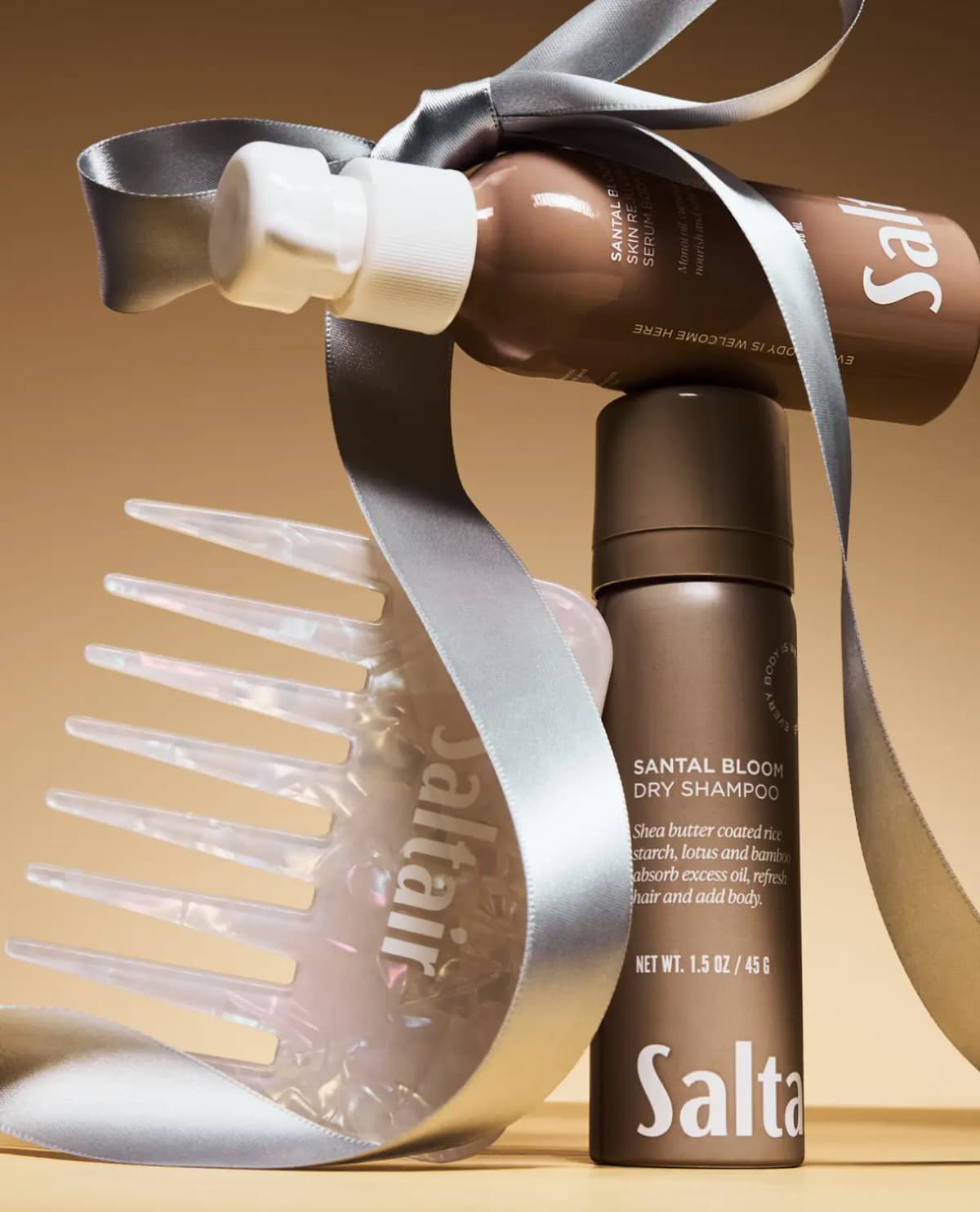 Saltair Santal Bloom Shower Rituals Holiday Set body wash and dry shampoo stacked with pearly comb and silver satin ribbon
