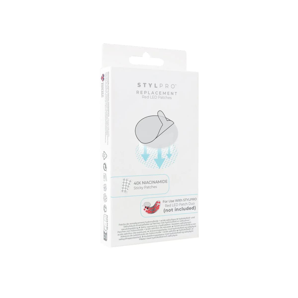 White STYLPRO box of 40 replacement niacinamide sticky patches for the Red LED Patch Duo, device not included