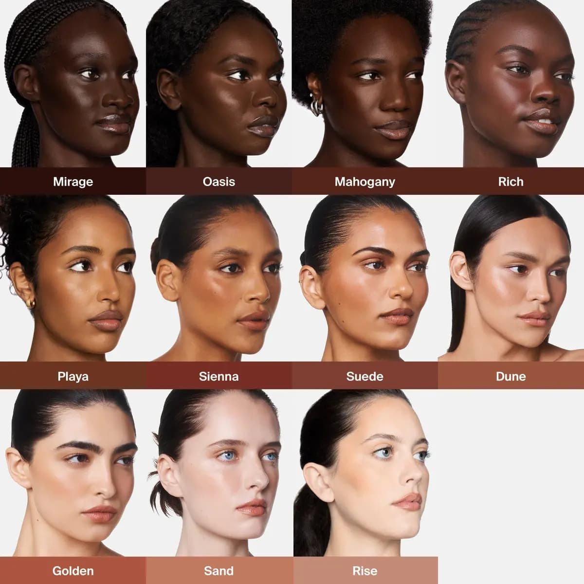 Grid of 11 models wearing bronzer shades labelled Mirage, Oasis, Mahogany, Rich, Playa, Sienna, Suede, Dune, Golden, Sand