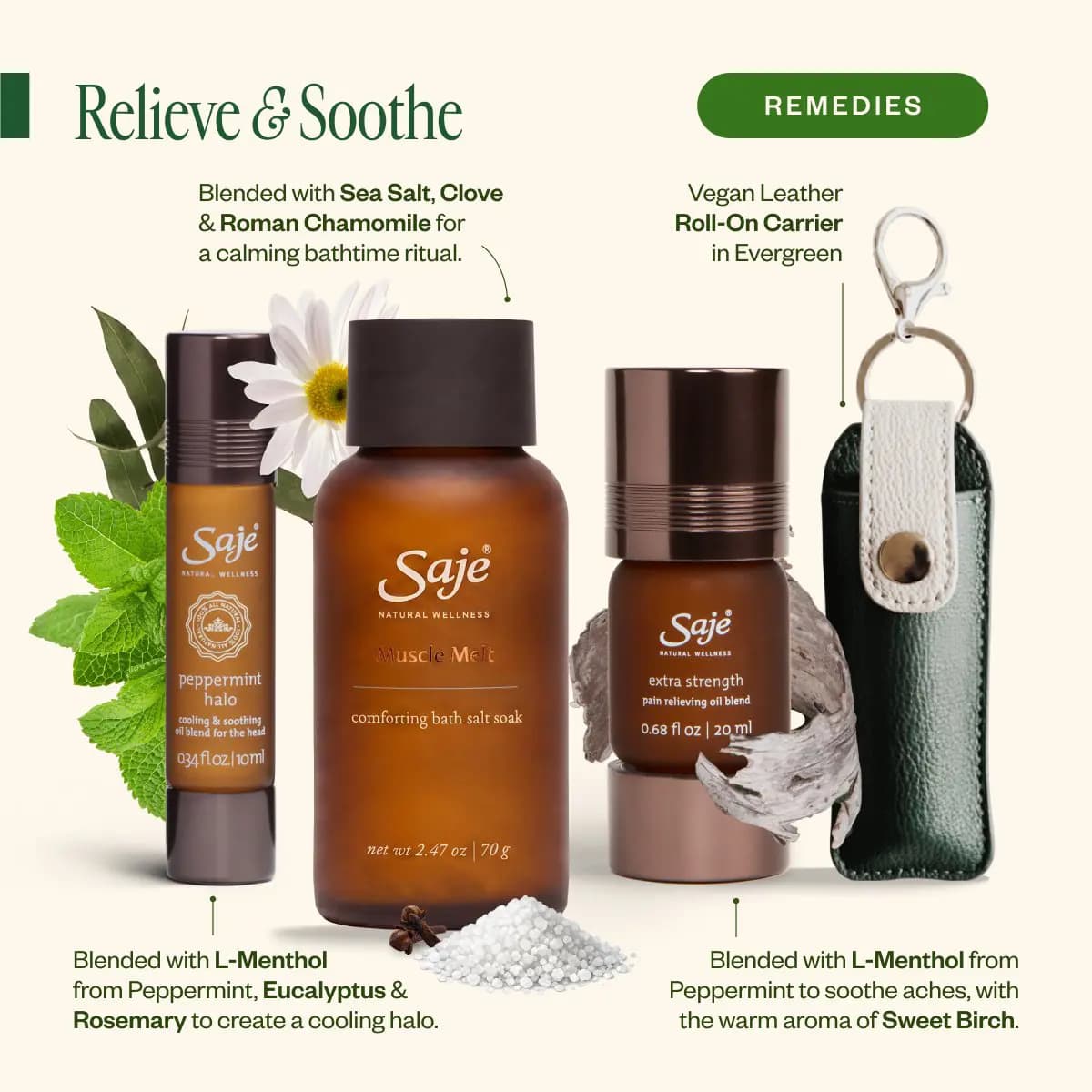 Peppermint Halo, Muscle Melt bath salt soak, Extra Strength oil blend and green vegan leather roll-on carrier on cream