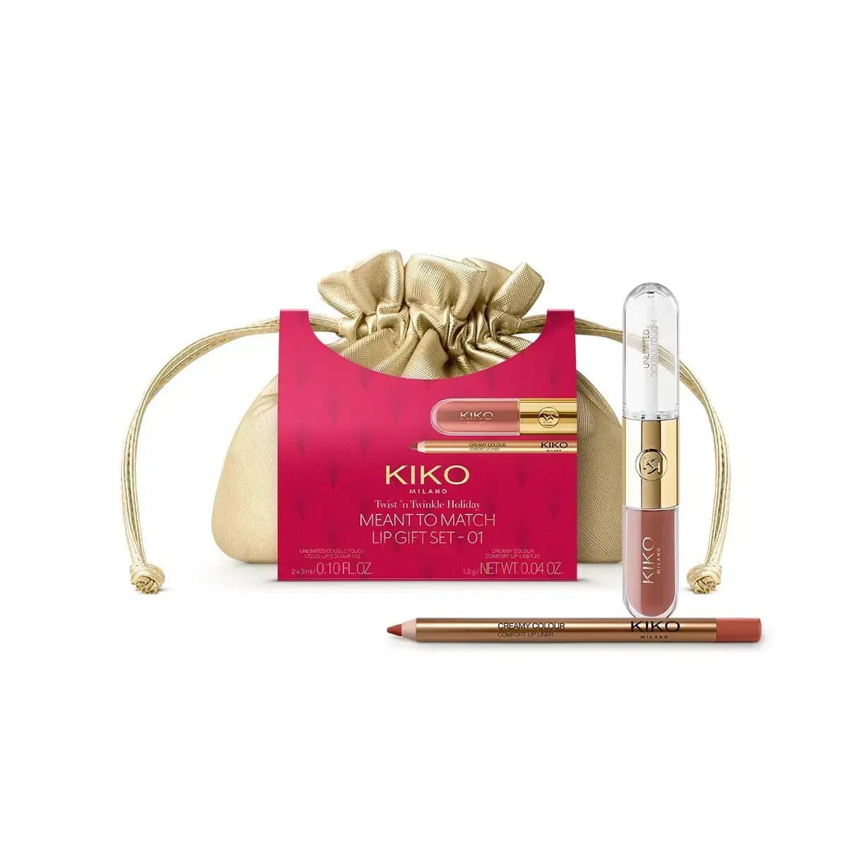 KIKO Meant to Match Lip Gift Set 01: gold pouch, Unlimited Double Touch liquid lip colour and Creamy Colour lip liner