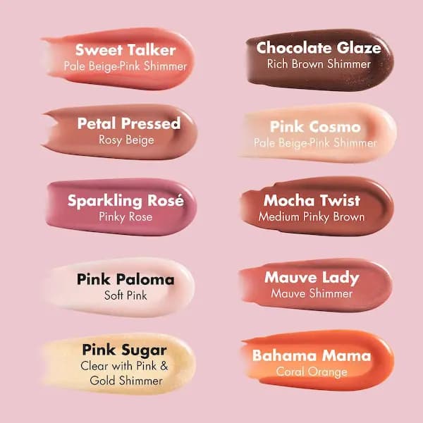 e.l.f. Lip Plumping Gloss shade chart with swatches including Sweet Talker, Chocolate Glaze and Petal Pressed