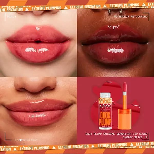 NYX Duck Plump Cherry Spice cherry-red glossy lips shown on three skin tones with the product tube