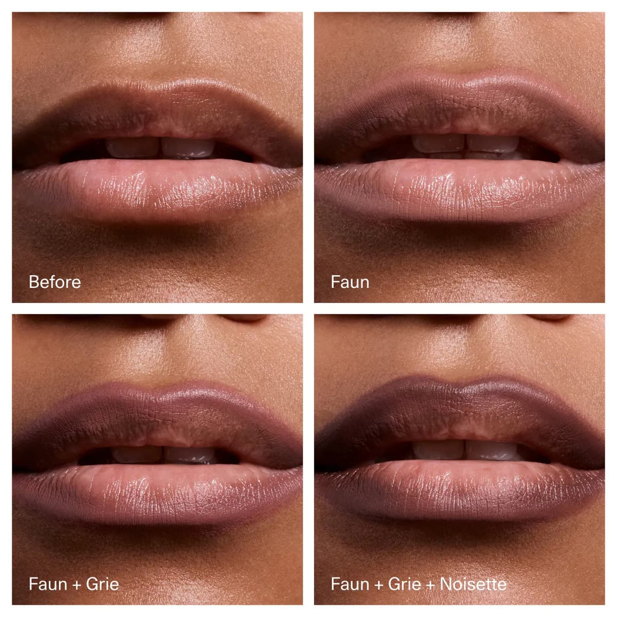 Four-panel lip close-up on deeper skin: bare, Faun, Faun + Grie, and Faun + Grie + Noisette layered brown contour