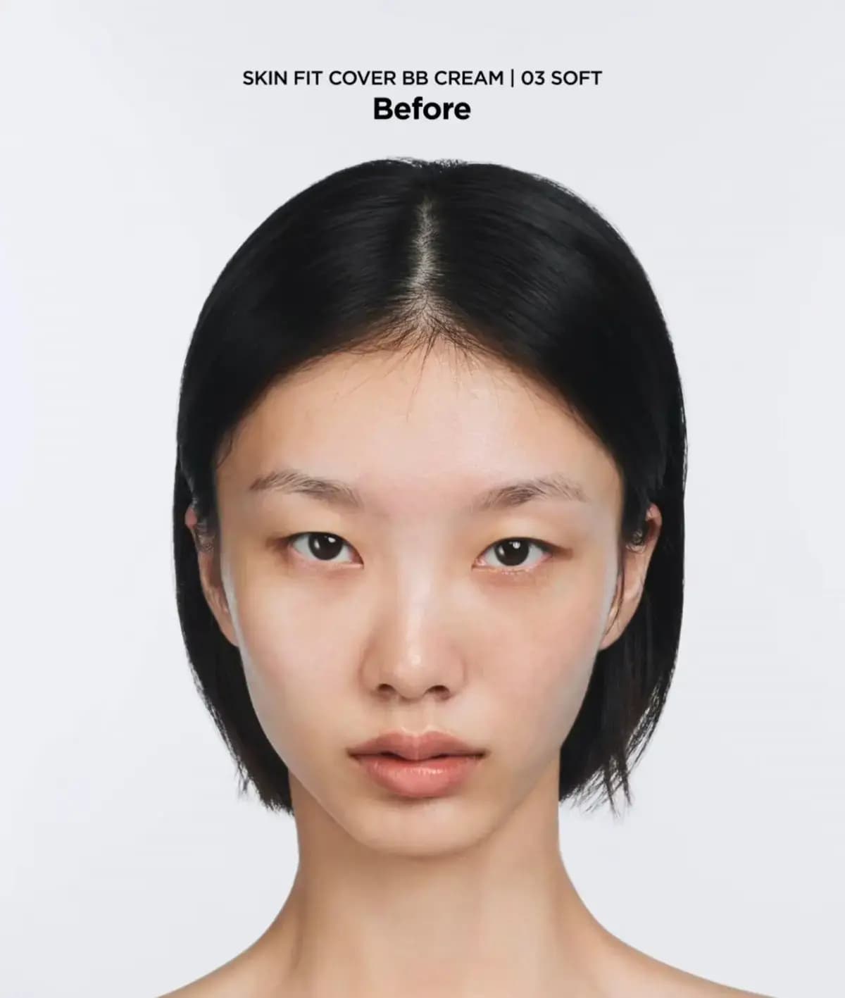 Before shot for shade 03 Soft: model with a sleek black bob and bare skin showing some redness and shine