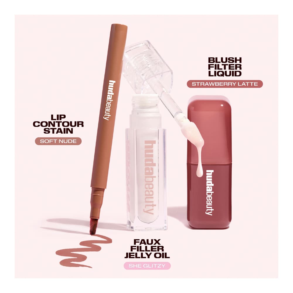 Lip Contour Stain in Soft Nude, Faux Filler Jelly Oil in She Glitzy dripping, and Blush Filter Liquid in Strawberry Latte