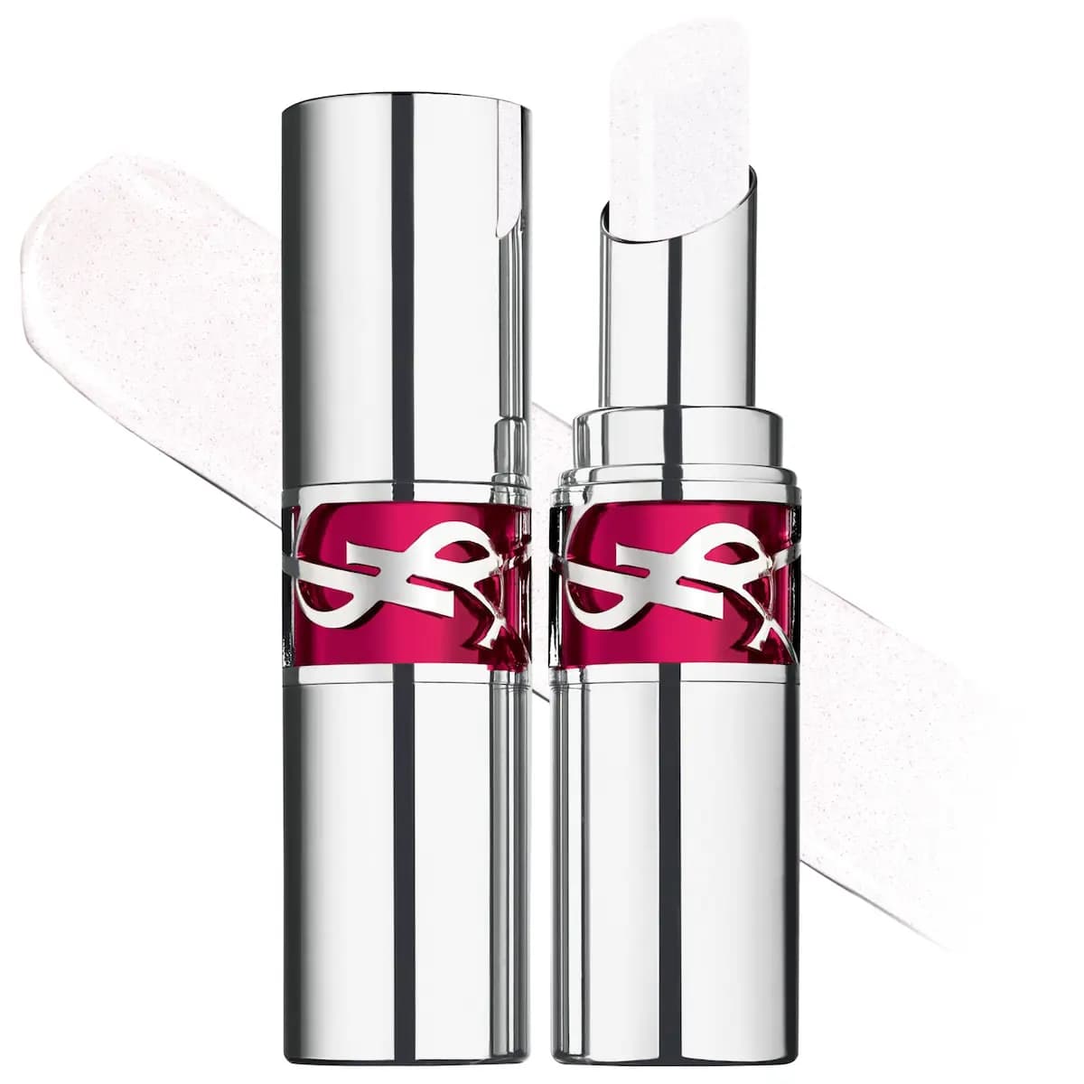 Candy Glaze Lip Gloss Stick in 00 Crystal Glaze, silver tubes with pink logo band, clear shimmer bullet and pale pink swatch