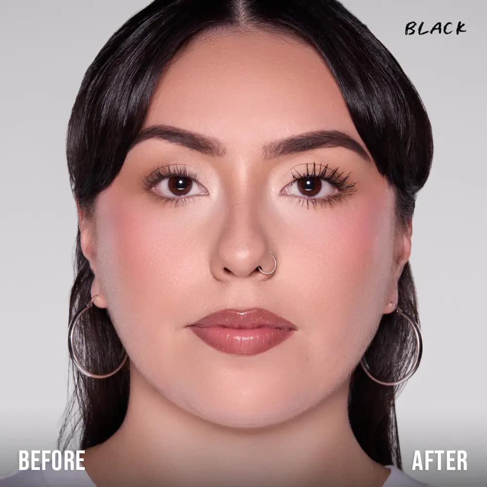 Before-and-after of a model with sleek dark hair and hoop earrings, Black mascara lengthening one eye's lashes