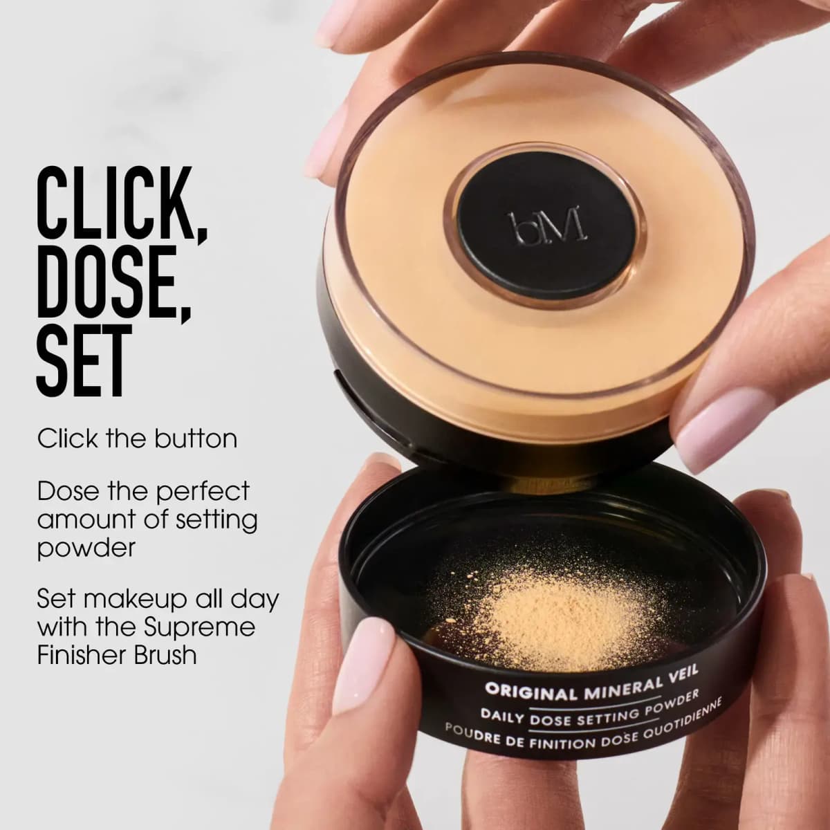 Hands open the jar to show beige powder dispensed into the black cap, with 'Click, Dose, Set' steps