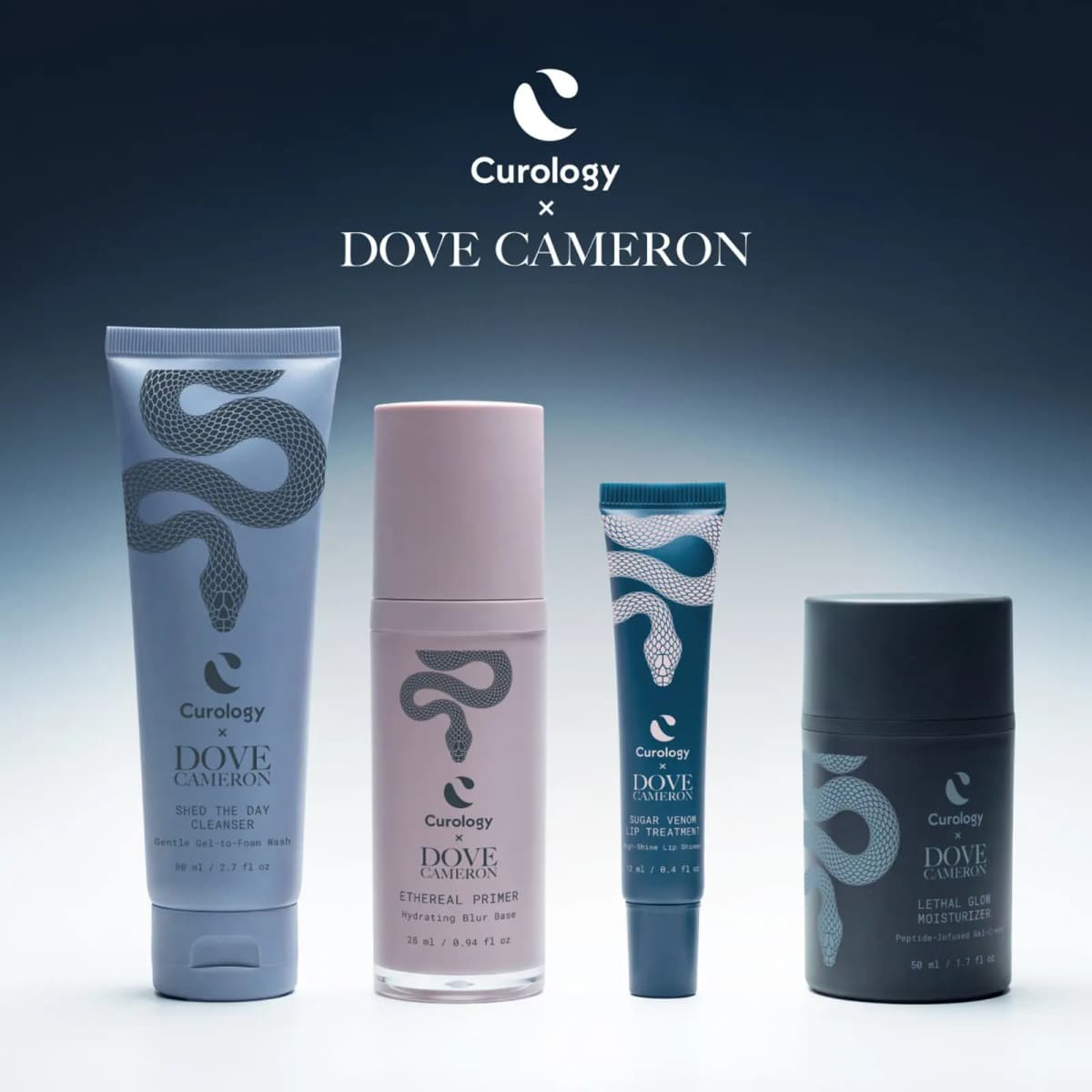 Curology x Dove Cameron Ethereal Glow Collection: blue cleanser tube, pink primer, teal lip tube and dark moisturizer jar