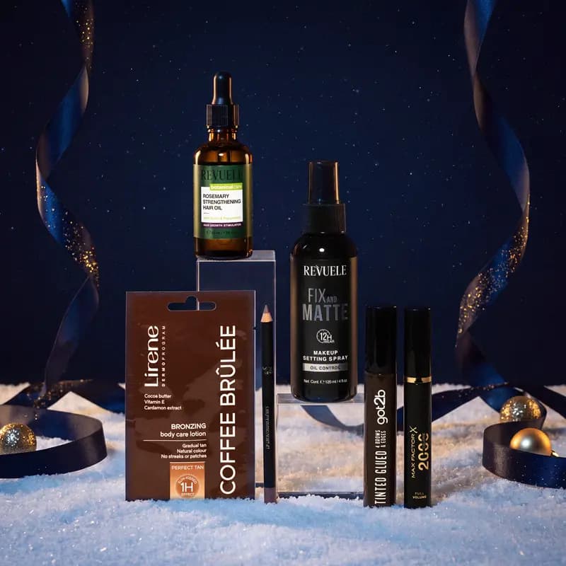 Dark-themed products on snow: Revuele rosemary hair oil, Fix and Matte spray, Lirene Coffee Brûlée and Max Factor mascara