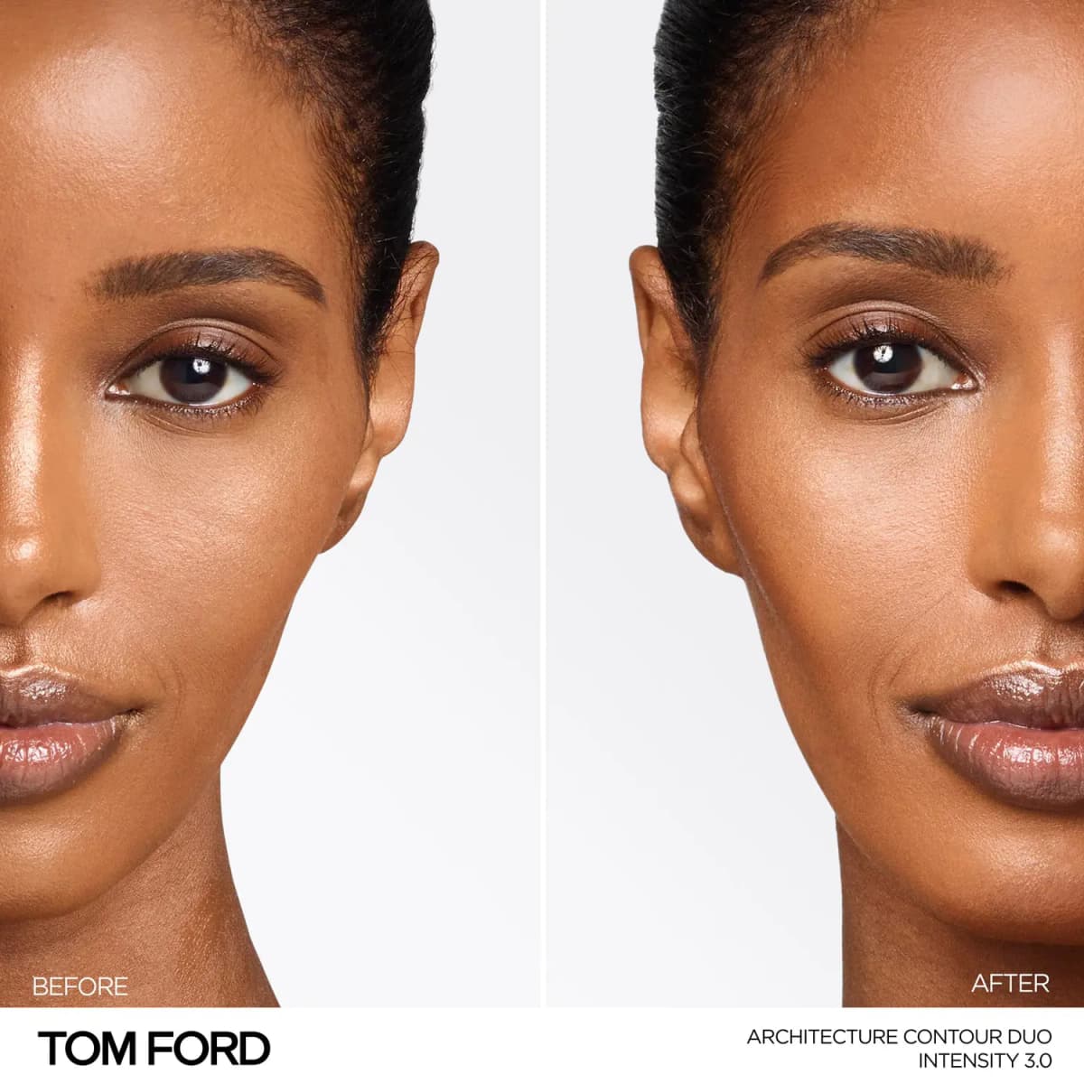 Before-and-after half faces of a deep-skinned model showing a sculpted contour with Architecture Contour Duo Intensity 3.0