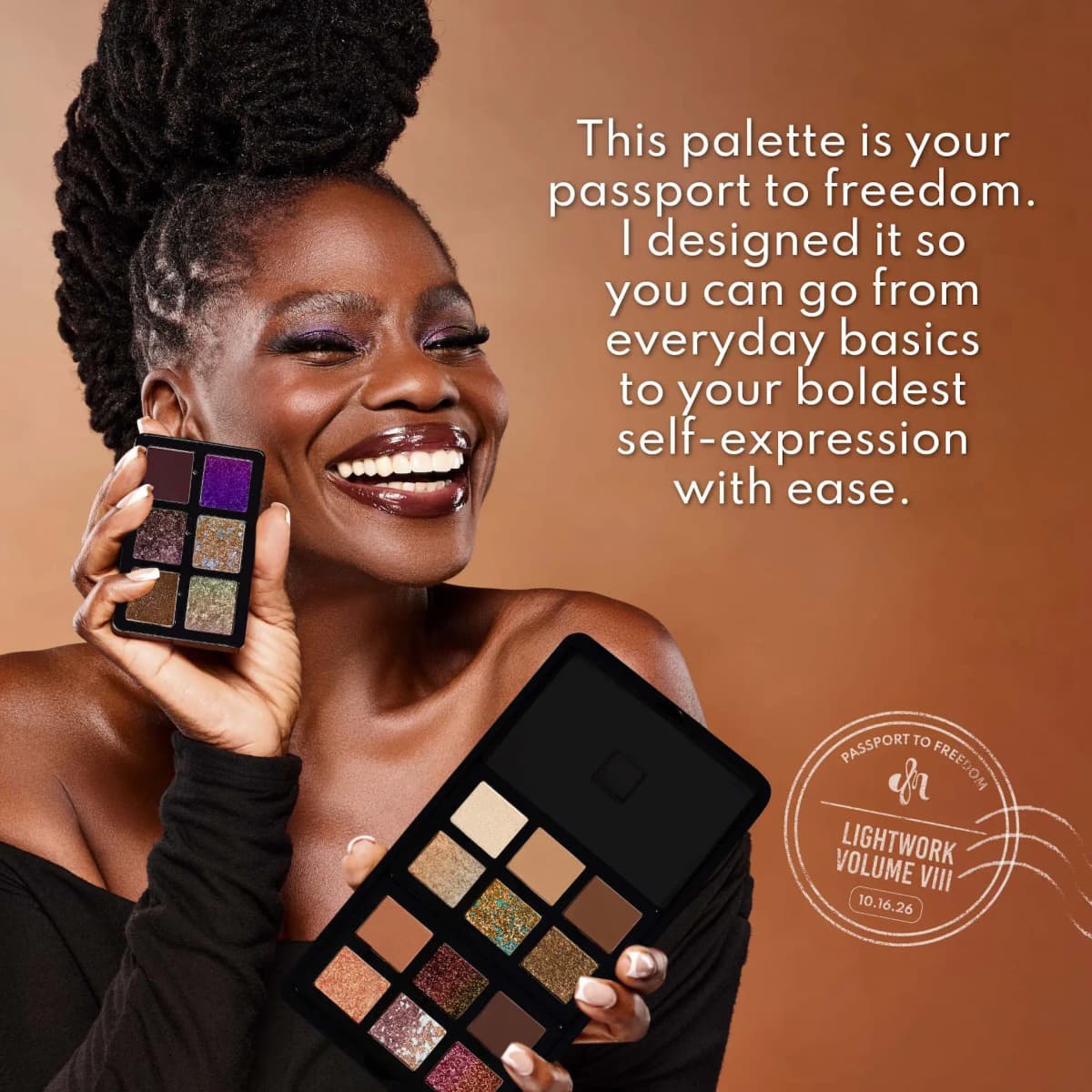 Smiling model with purple eyeshadow holds a six-pan mini palette and the open palette against a bronze backdrop
