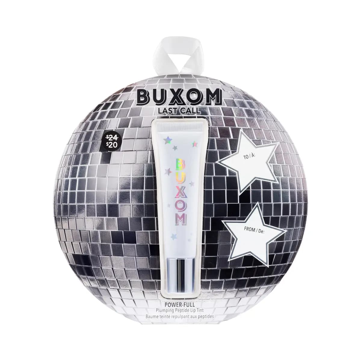 Disco-ball ornament packaging with a white BUXOM Last Call Power-Full Plumping Peptide Lip Tint and gift tag