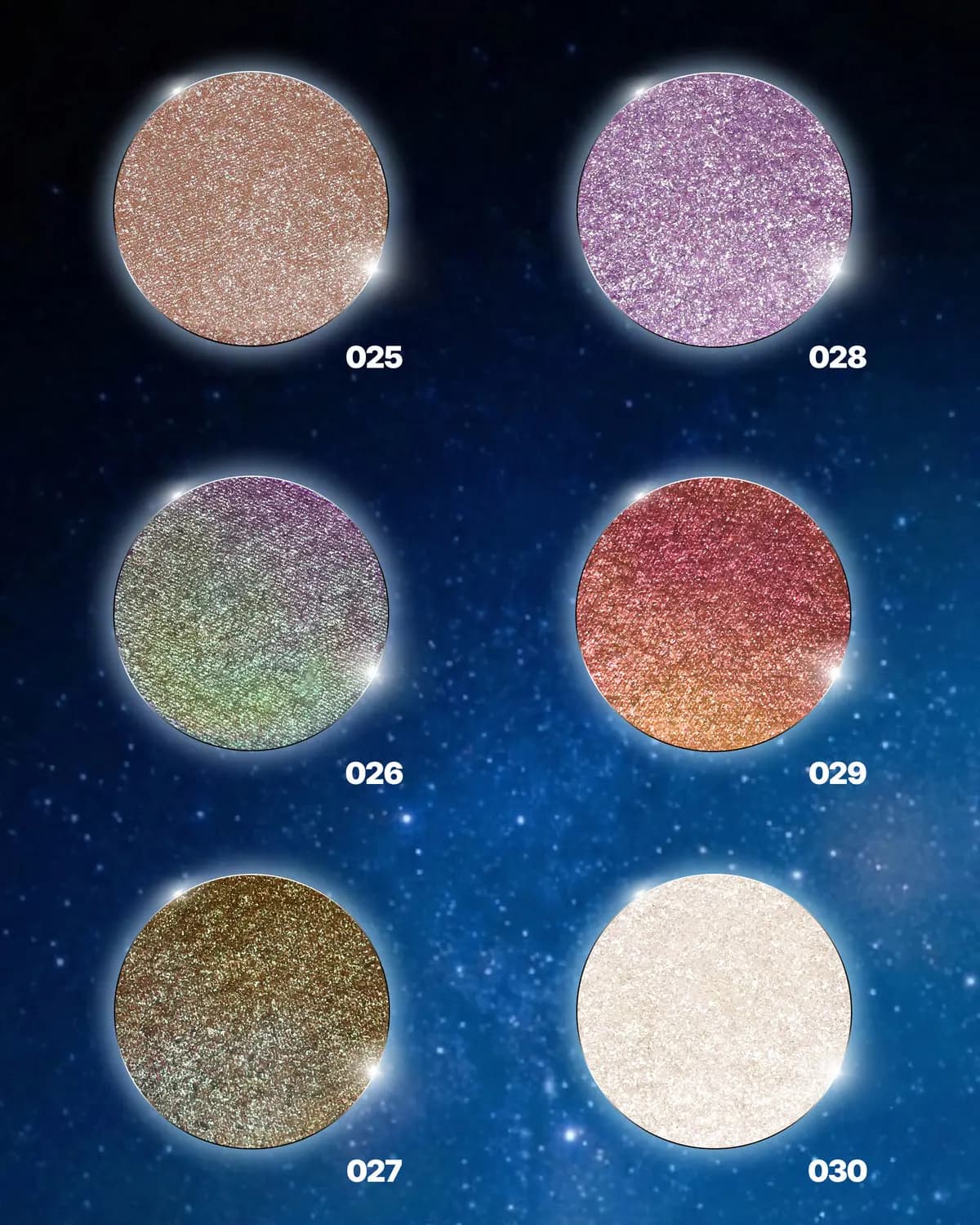 Six glittery shadow pans numbered 025 to 030 on a starry night sky background