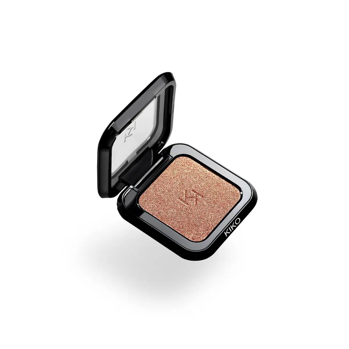 Open KIKO eyeshadow compact in a shimmery metallic peachy rose gold shade on a plain white background.