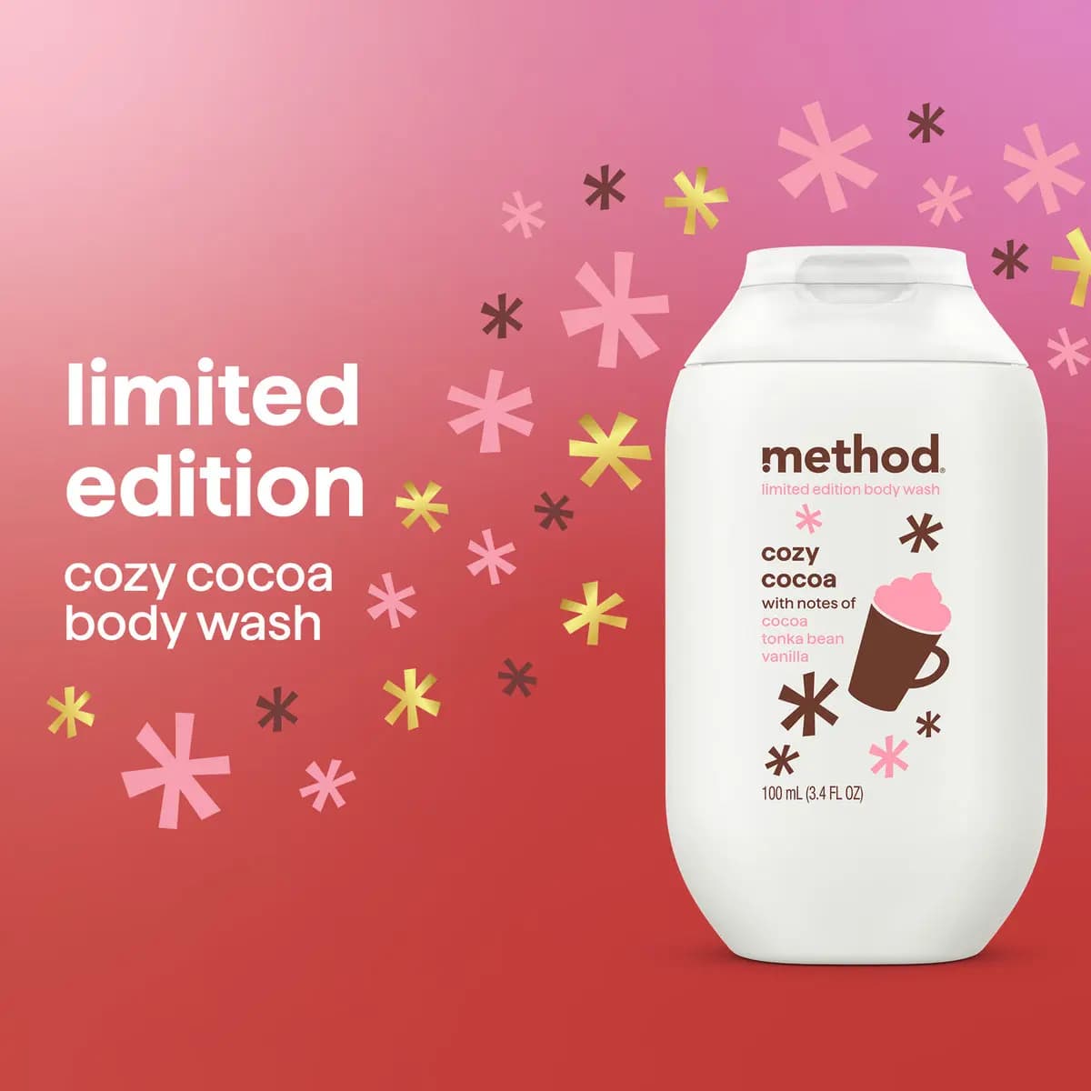 Cozy Cocoa bottle on a pink-red gradient with festive pink, brown and gold asterisks and "limited edition" text