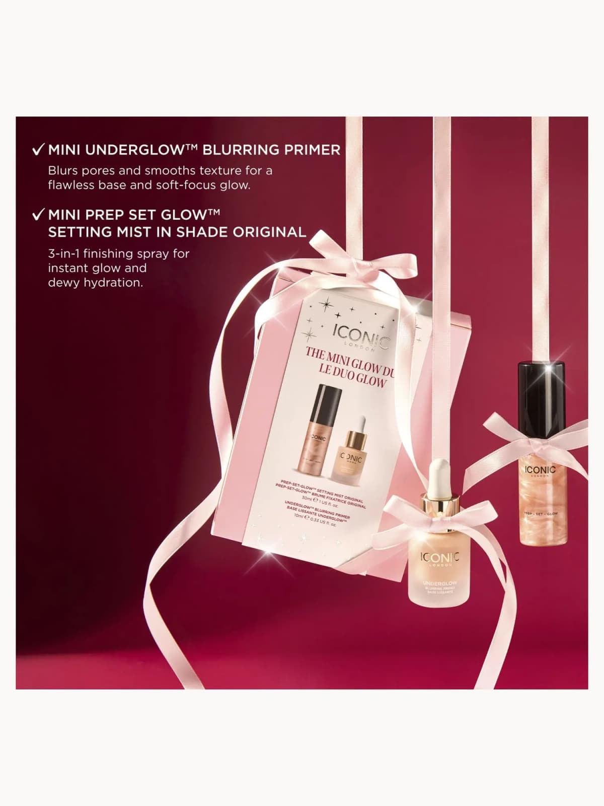 Mini Glow Duo box with primer and setting mist tied in pink ribbons against red backdrop, describing each mini product
