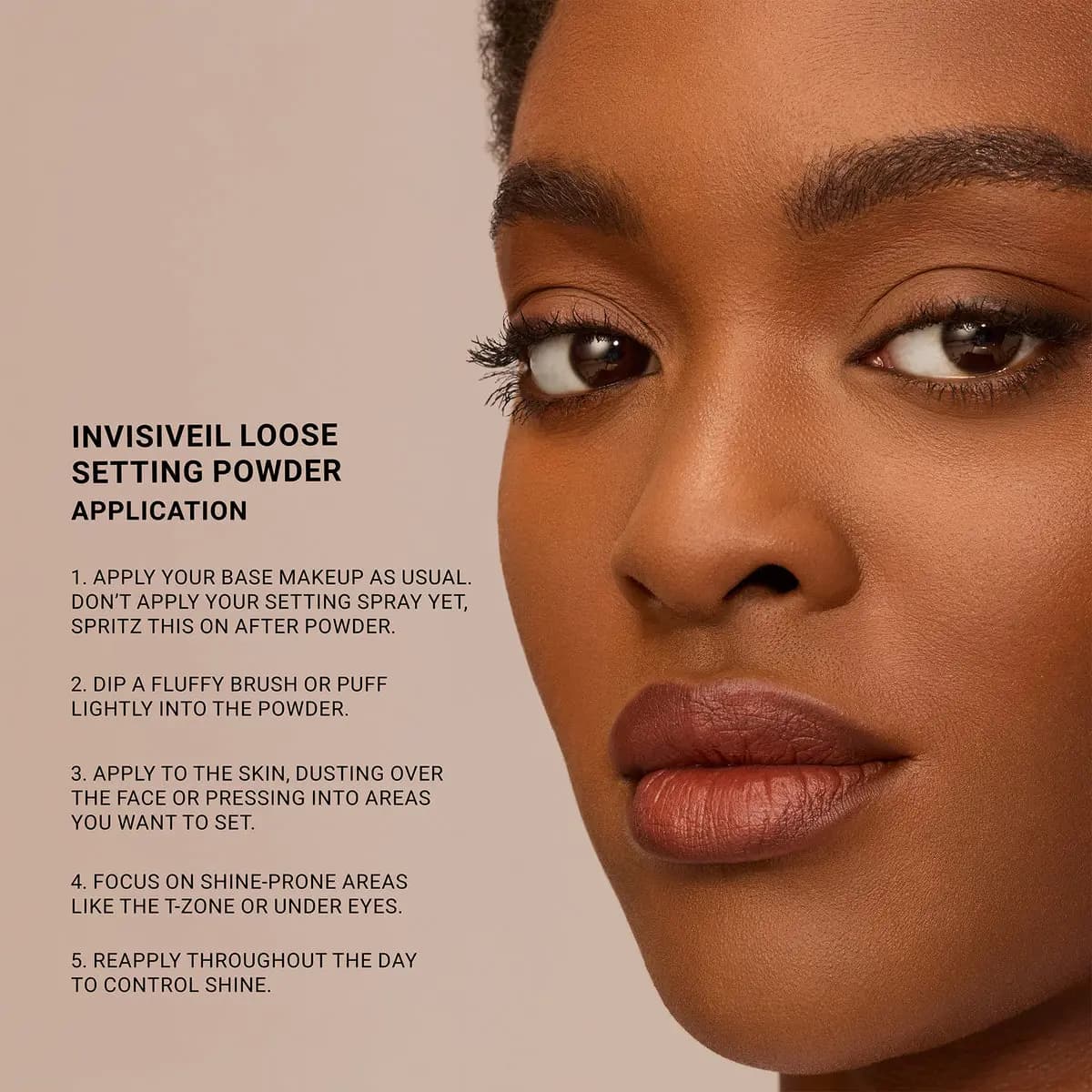Deep-skinned model with mauve lips beside five numbered application steps for the setting powder